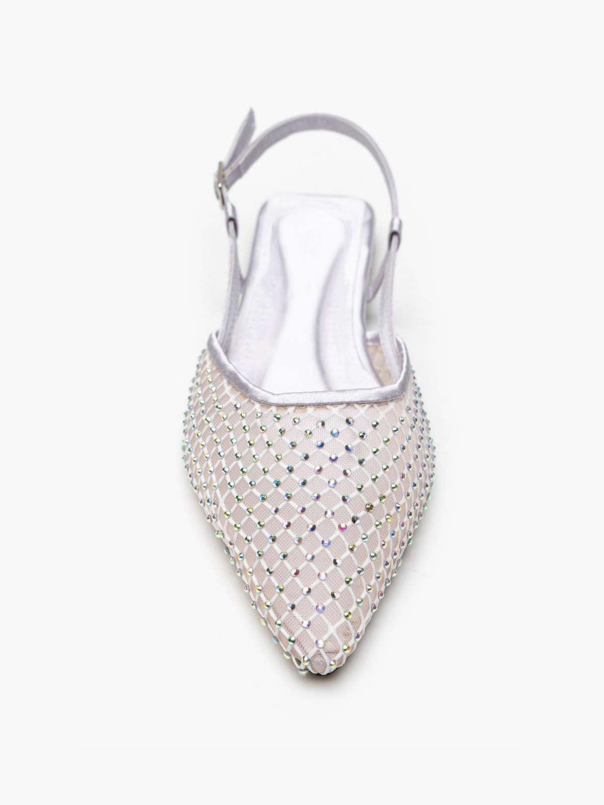 Silver Iridescent Rhinestone Pointy Slingback Ballerina Flats In Satin & Fishnet