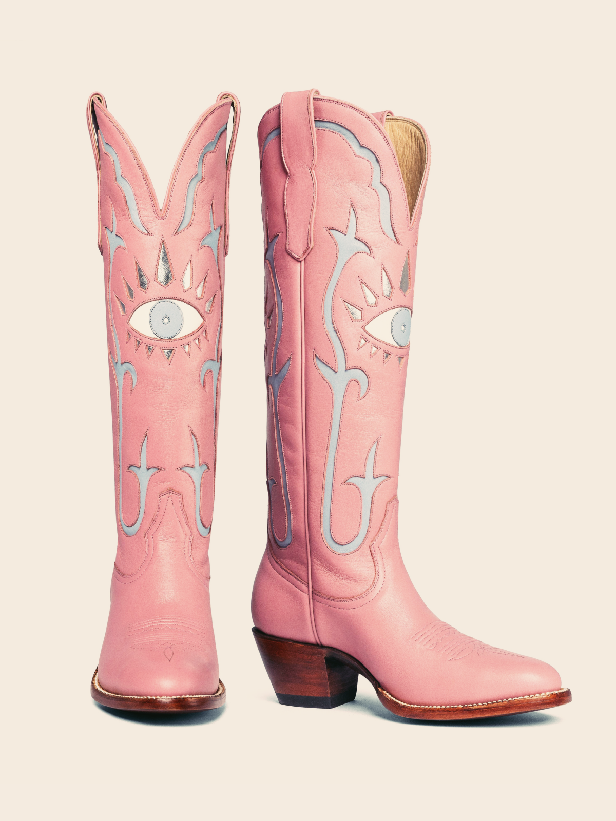 Pink Evil Eye Inlay Almond-Toe Wide Mid Calf Western Cowgirl Tall Boots