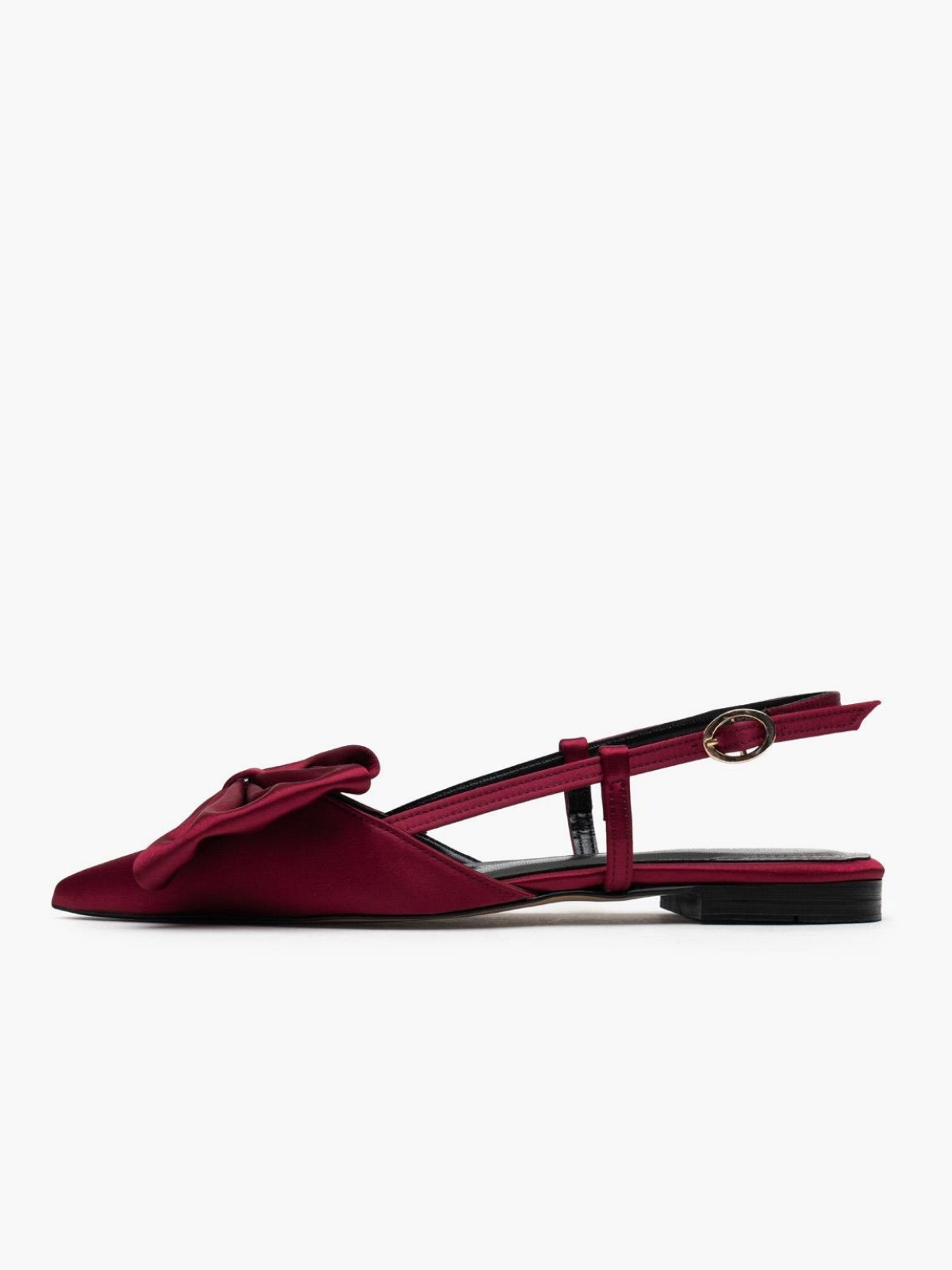 Burgundy Satin Bow Pointy Ballet Flats Slingbacks With Buckled Strap