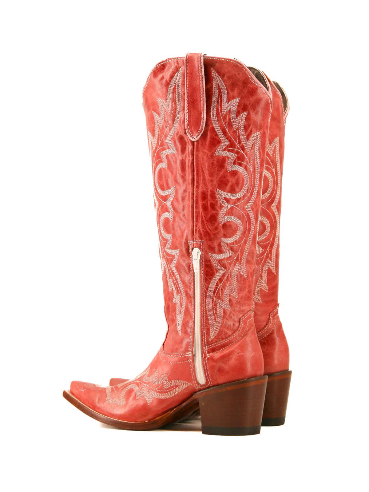 Distressed Red Snip-Toe Half-Zip Classic Embroidery Knee High Tall Cowgirl Boots