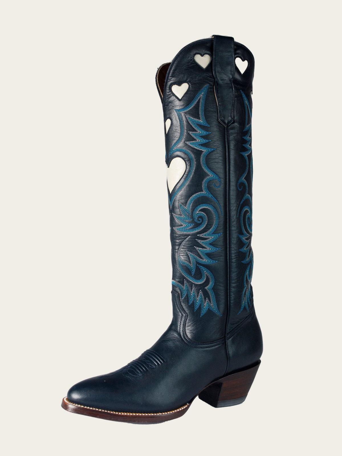 Ivory Heart Inlay Embroidery Almond-Toe Tall Wide Mid Calf Cowgirl Boots - Navy Blue