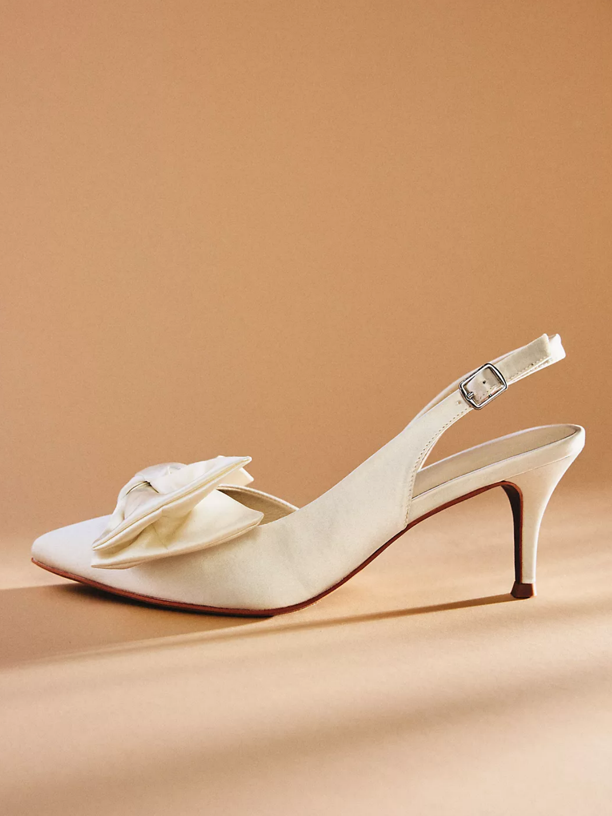 Ivory Satin Pointed-Toe Slingback Bow Pump Kitten Heels