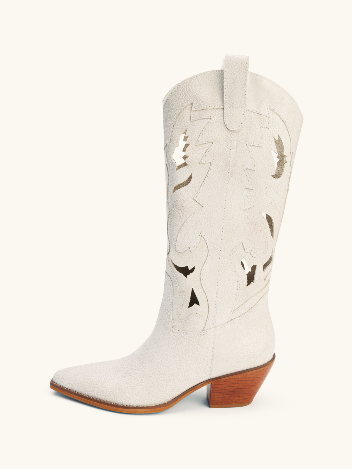 Ivory Crinkle Stitch Cutout Inlay Pointed-Toe Mid Calf Cowgirl Boots Western Tall Boots