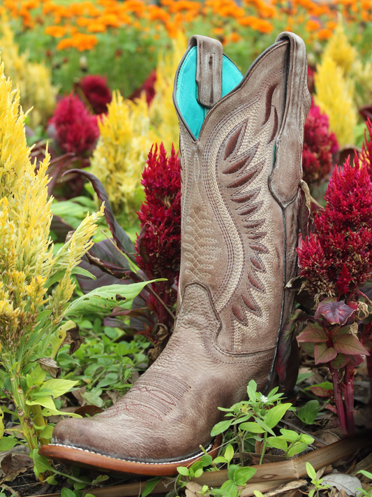 Distressed Brown Square-Toe Embroidery Wide Mid Calf Cowgirl Boots