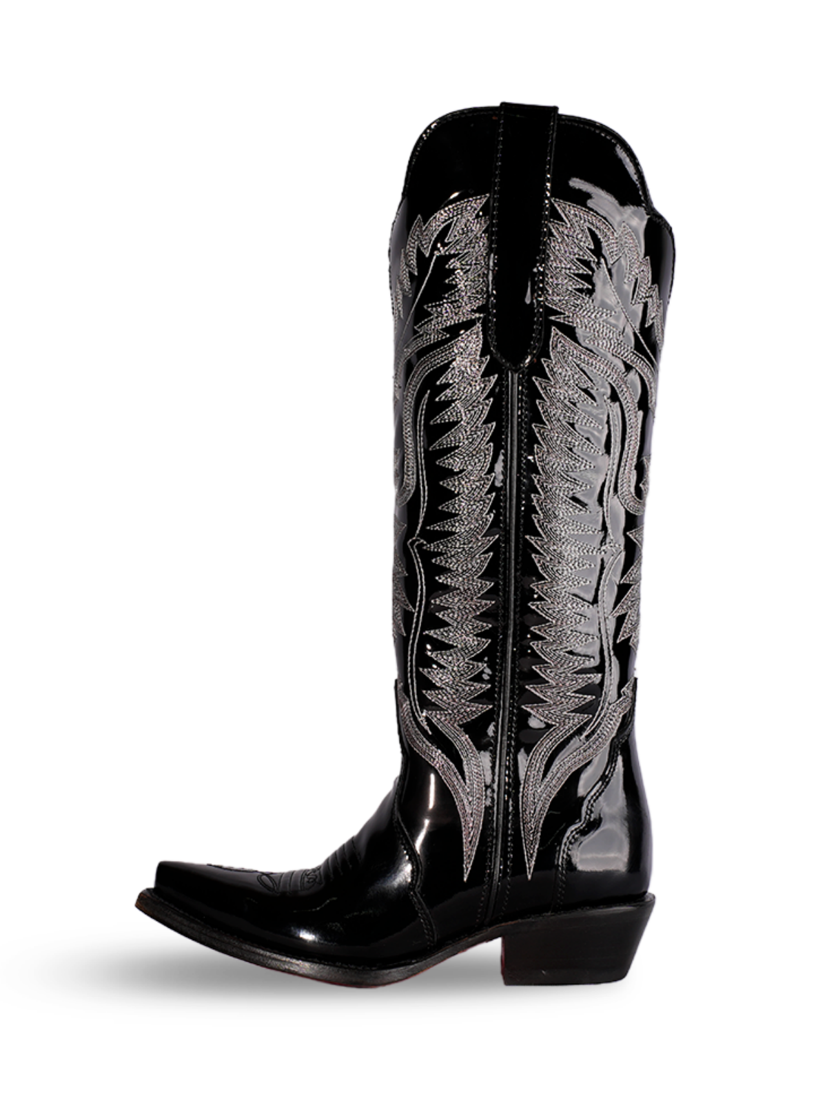 Black Patent Embroidery Snip-Toe Wide Mid Calf Tall Cowgirl Boots