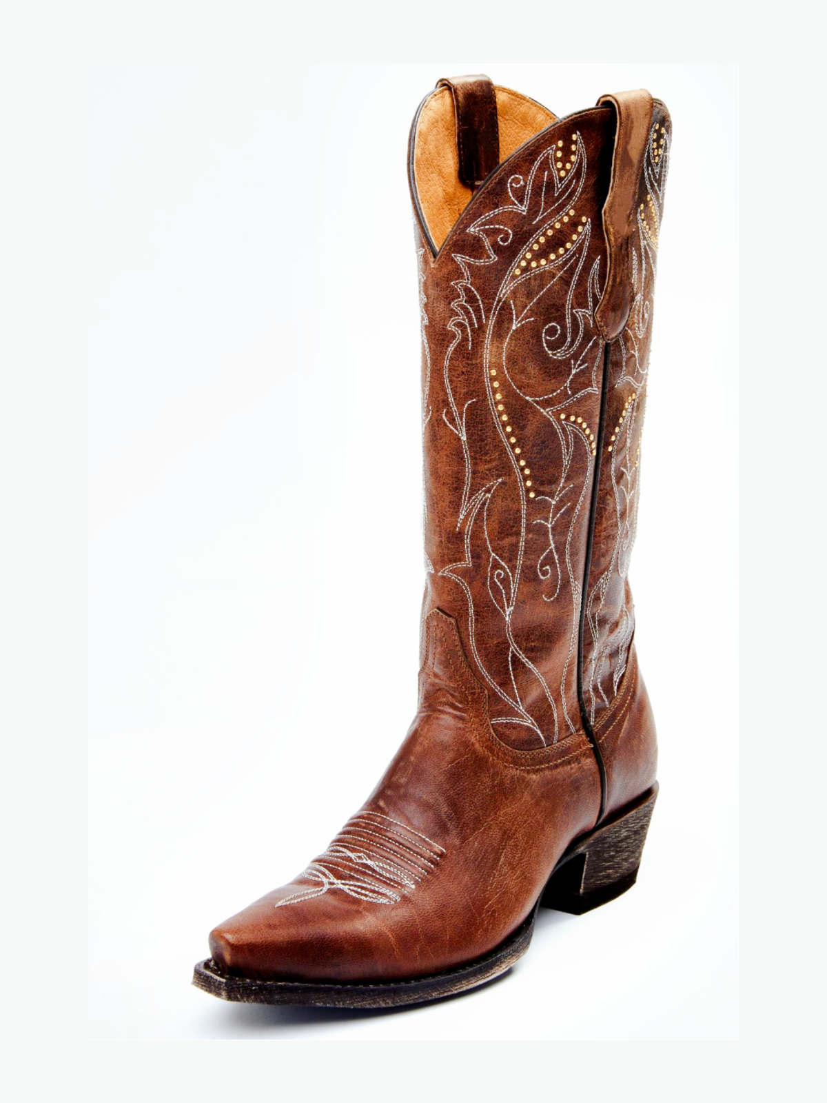 Brown Snip-Toe Studded Embroidery Wide Mid Calf Tall Cowgirl Boots