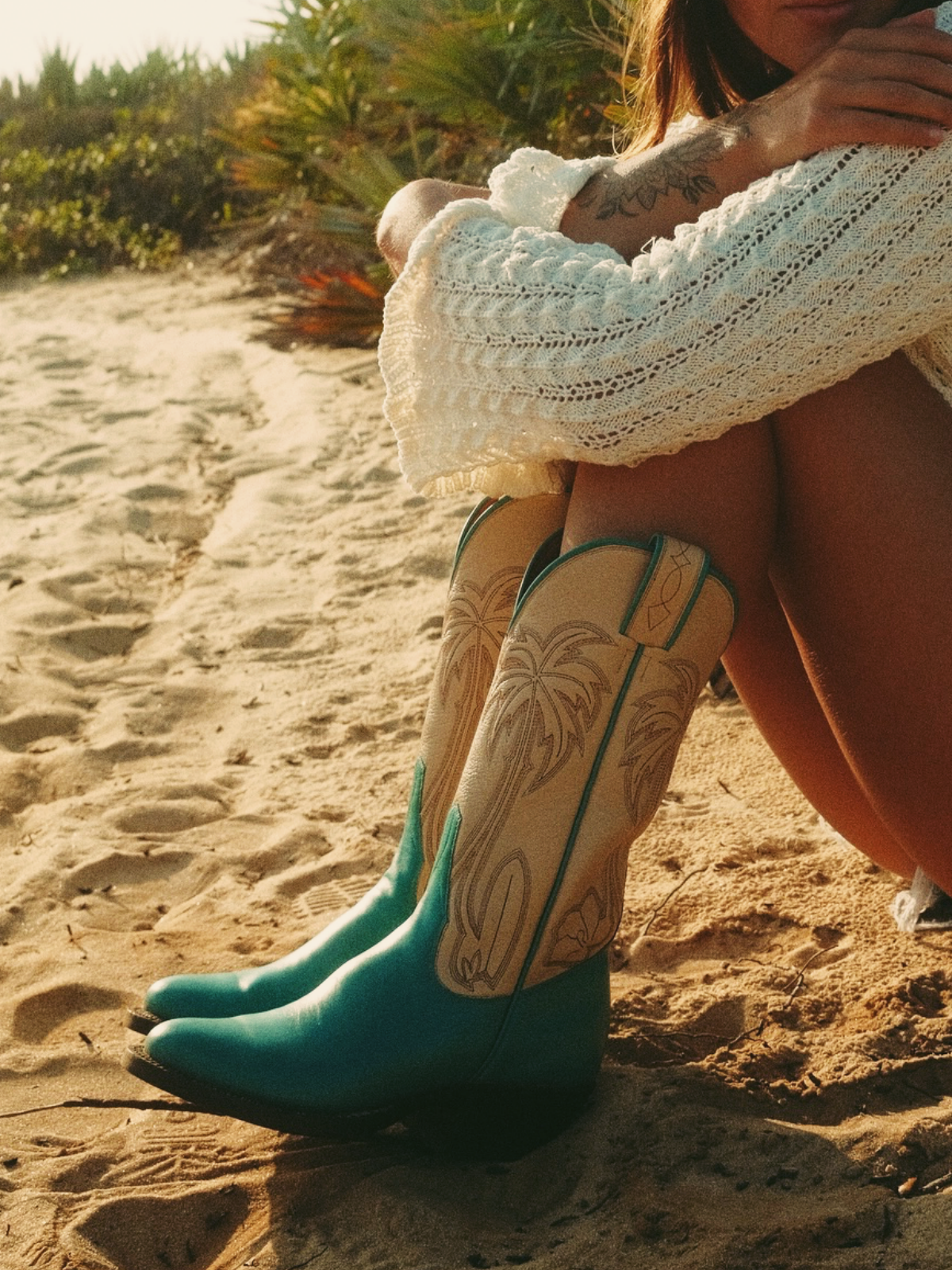 Contrast Turquoise And Sand Embroidery Almond-Toe Wide Mid Calf Cowgirl Boots