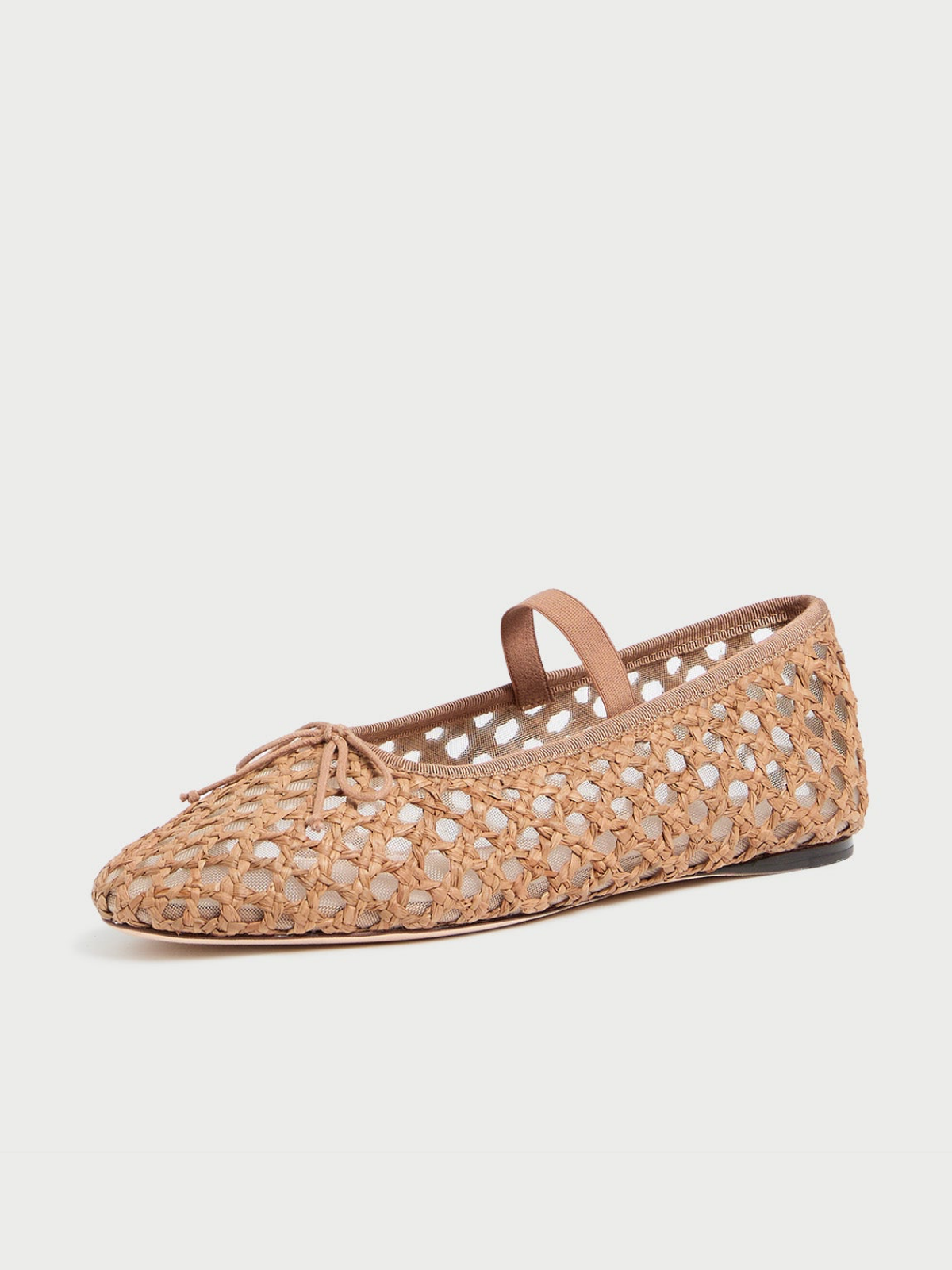 Tan Almond-Toe Straw-Woven Elastic Bridge Strap Bow Mesh Ballet Flats