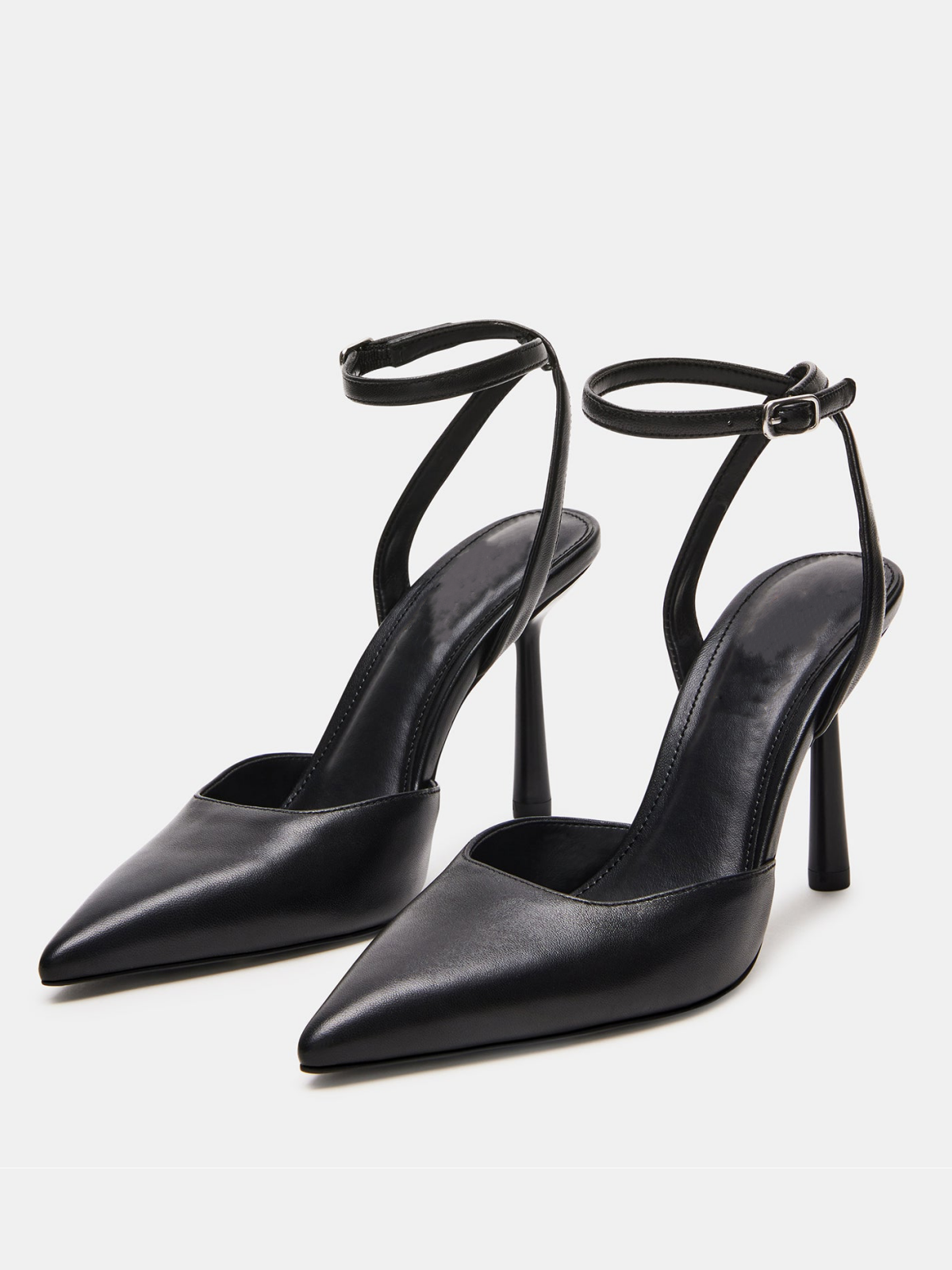 Black Vegan Leather Pointed-Toe Crossed Ankle Strap Pump Kitten Heels