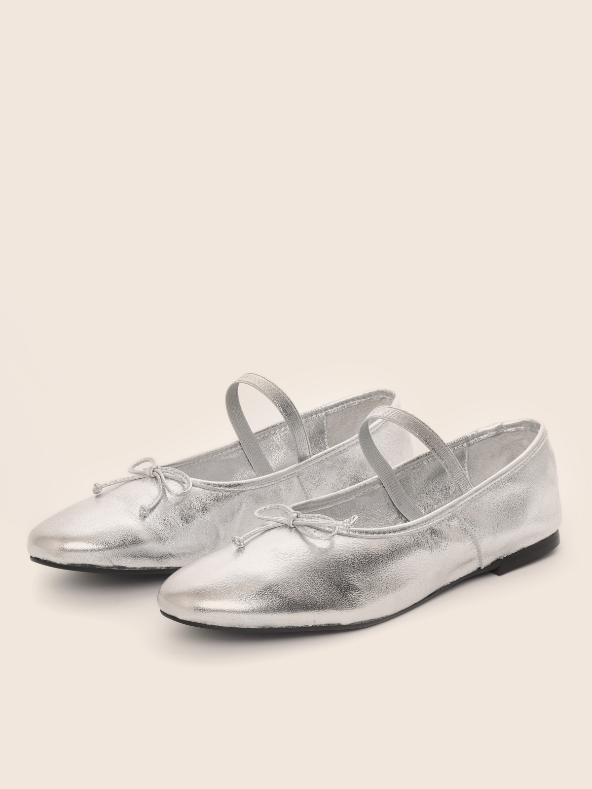 Metallic Silver Bow Ballet Flats Mary Janes With Elastic Band