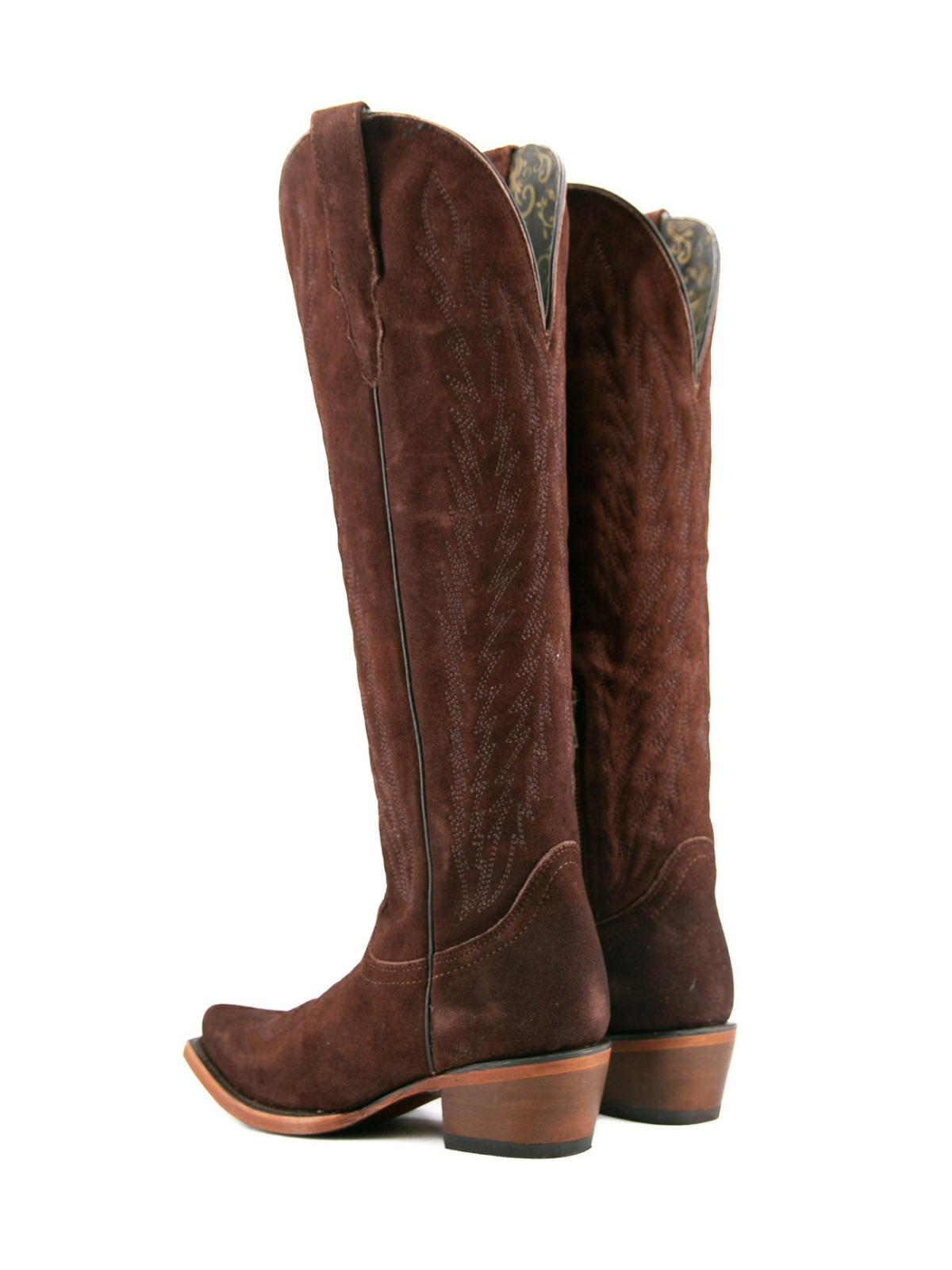 Faux Suede Snip-Toe Half-Zip Embroidery Knee High Tall Cowgirl Boots - Cafe