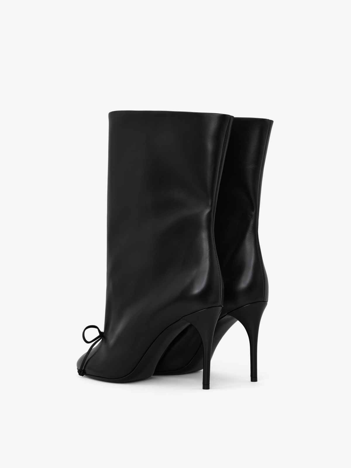 Black Round-Toe Short Wide Mid Calf Stiletto Boots With A Knot
