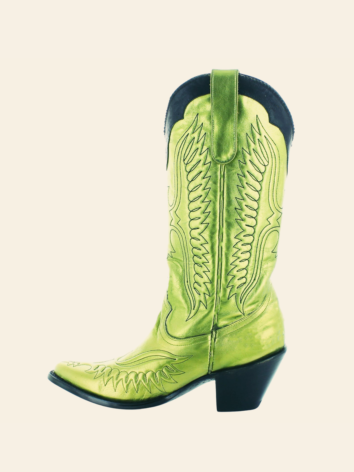 Metallic Green Eagle Embroidery Pointed-Toe Wide Mid Calf Cowgirl Boots With Black Collar