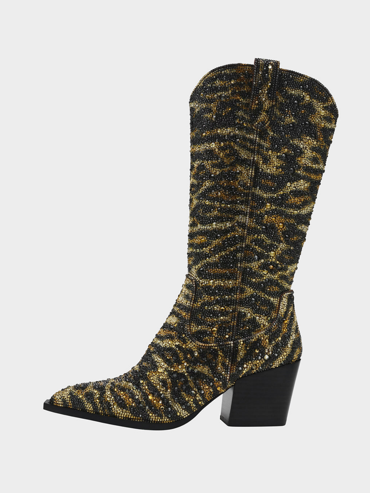 Leopard Round-Toe Rhinestone Half-Zip Mid Calf Cowgirl Boots