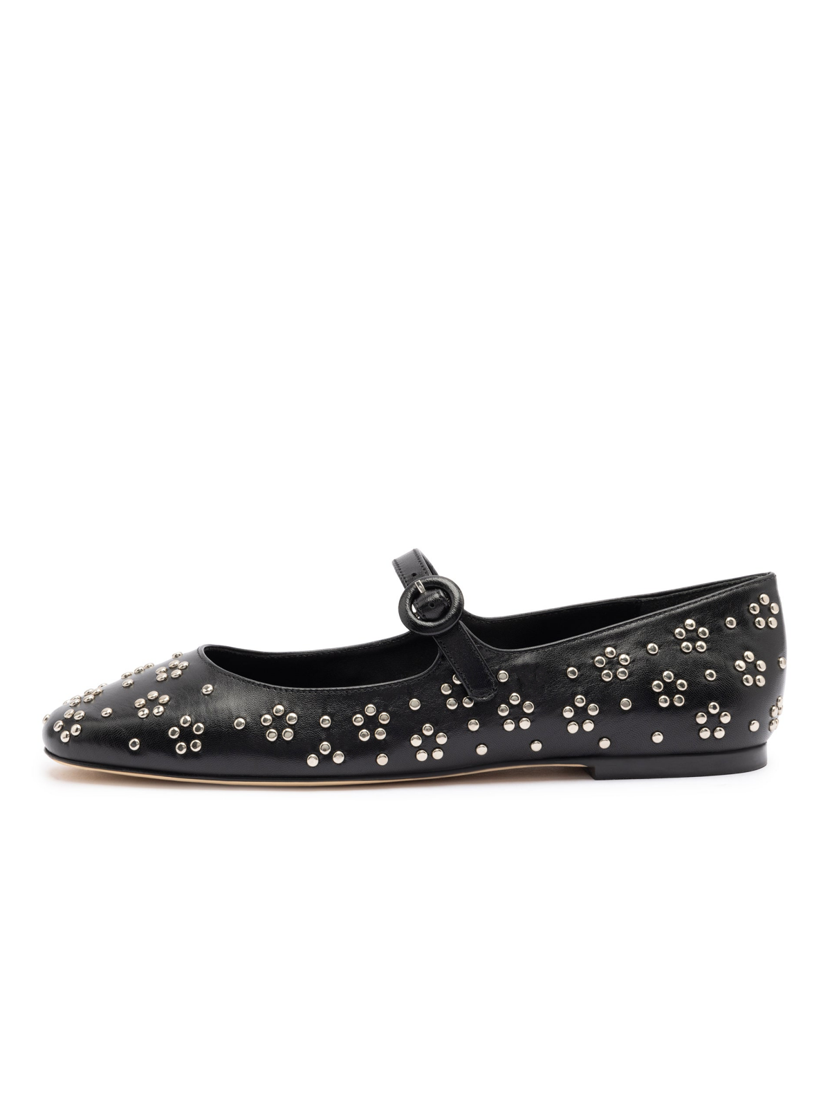 Black Vegan Leather Round-Toe Bridge Starp Ballet Flats With Studs