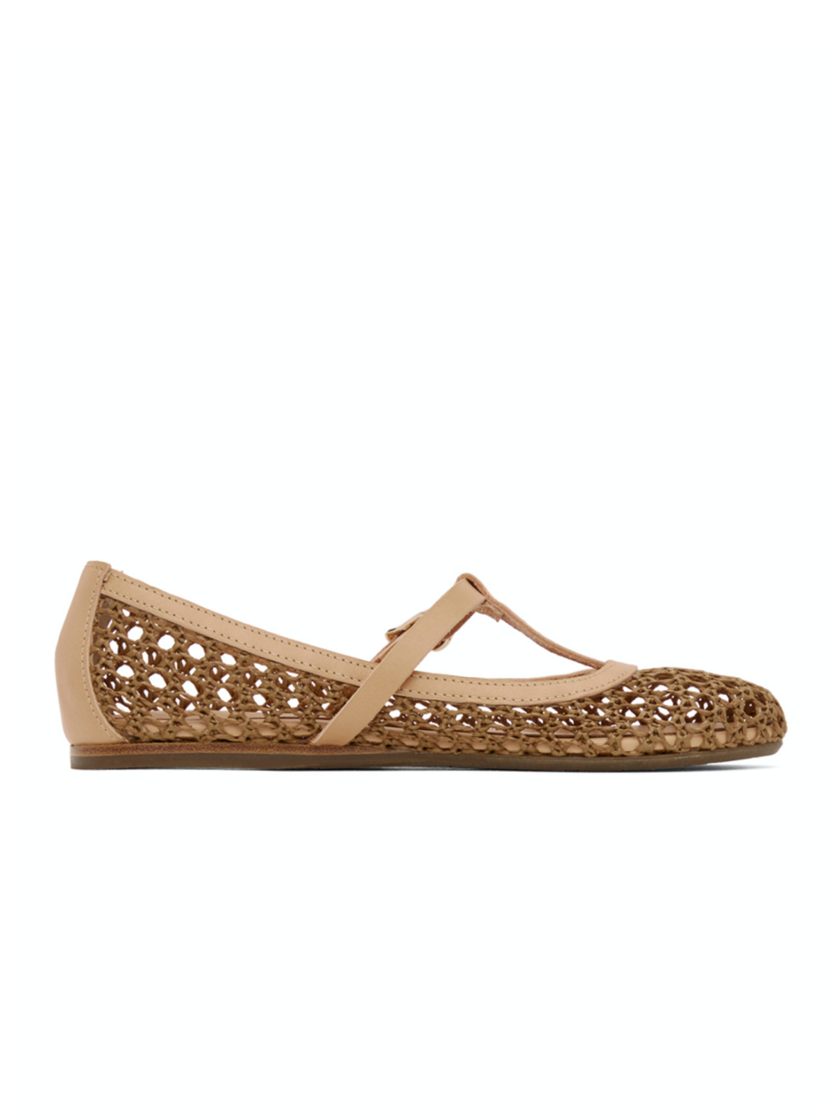 Dark Tan Crochet Raffia Woven Ballet Flats With Tan Buckled T-Strap