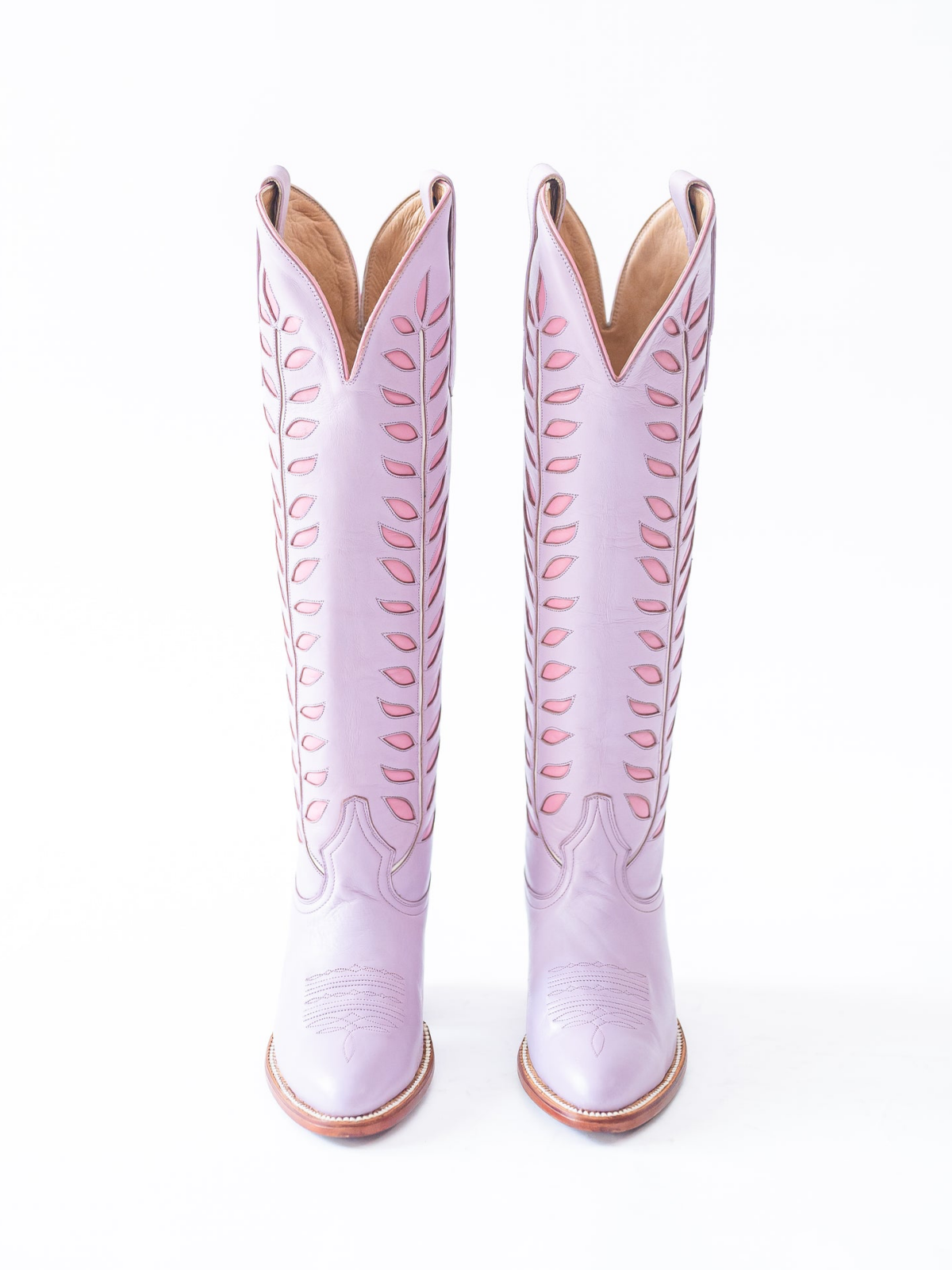 Almond-Toe Pink Leaves Inlay Wide Calf Tall Knee High Cowgirl Boots - Lavender