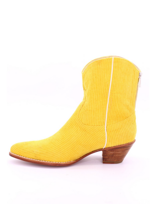 Yellow Striped Velveteen Almond-Toe Back-Zip Mid Calf Cowgirl Boots