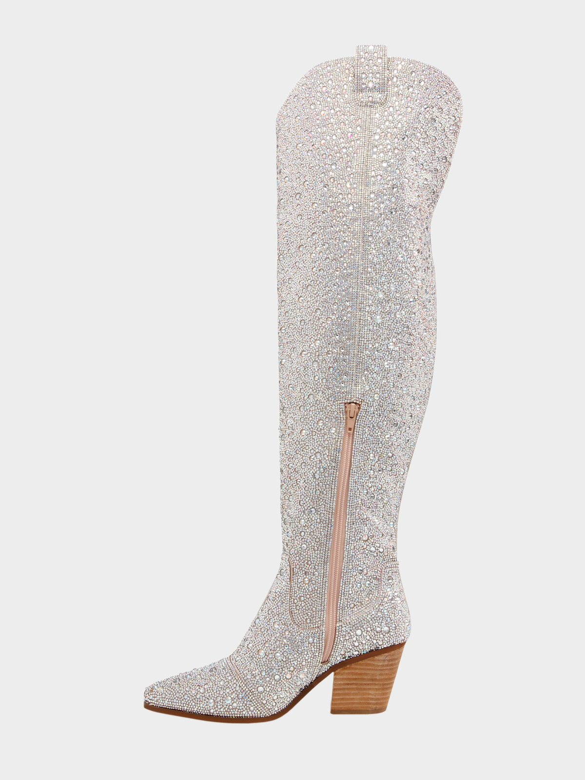 Metallic Silver Rhinestone Pointed-Toe Half-Zip Over-The-Knee Cowgirl Boots