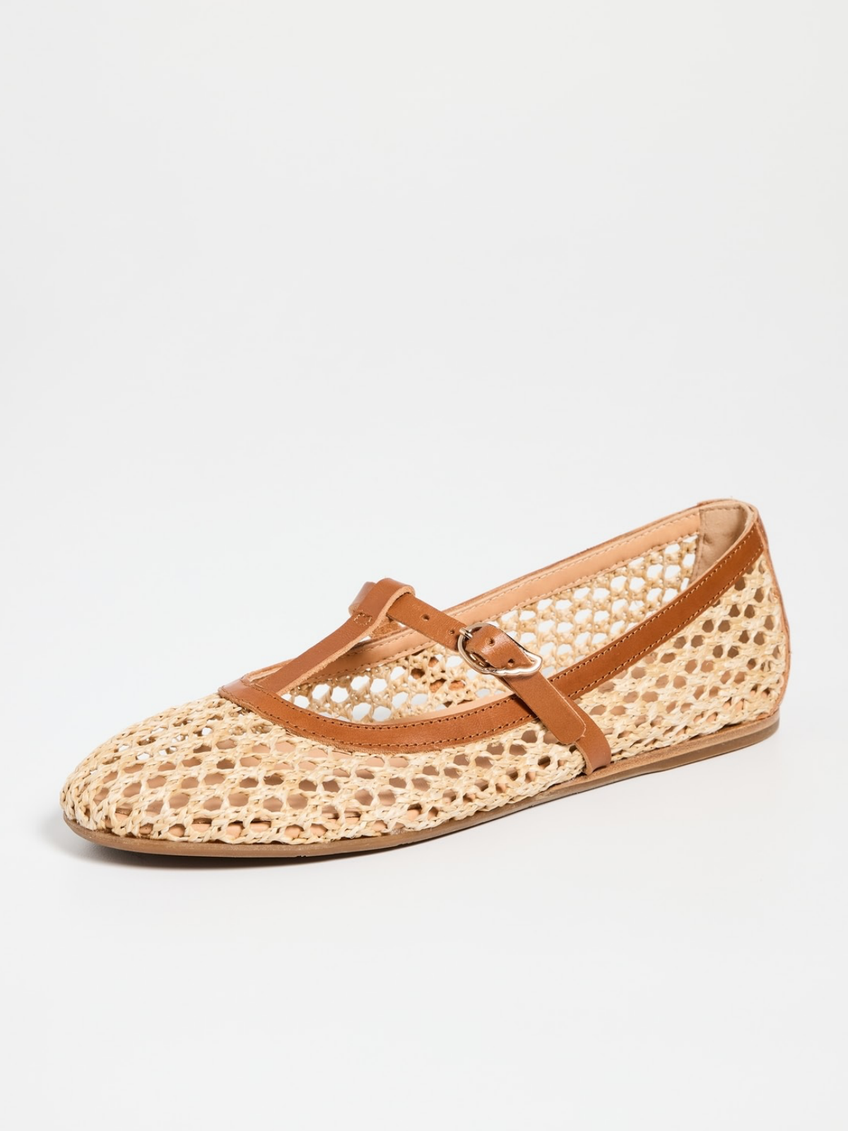 Beige Crochet Raffia Woven Ballet Flats With Brown Buckled T-Strap