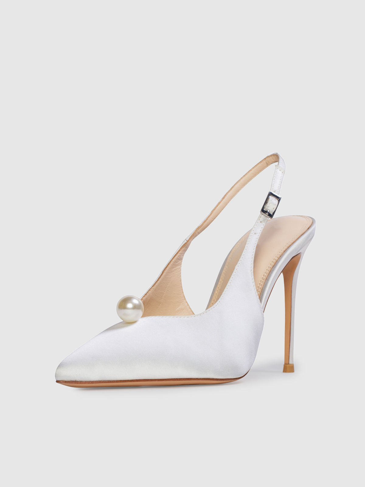 White Satin Pointed-Toe Slingback Pump High Heels With Pearl