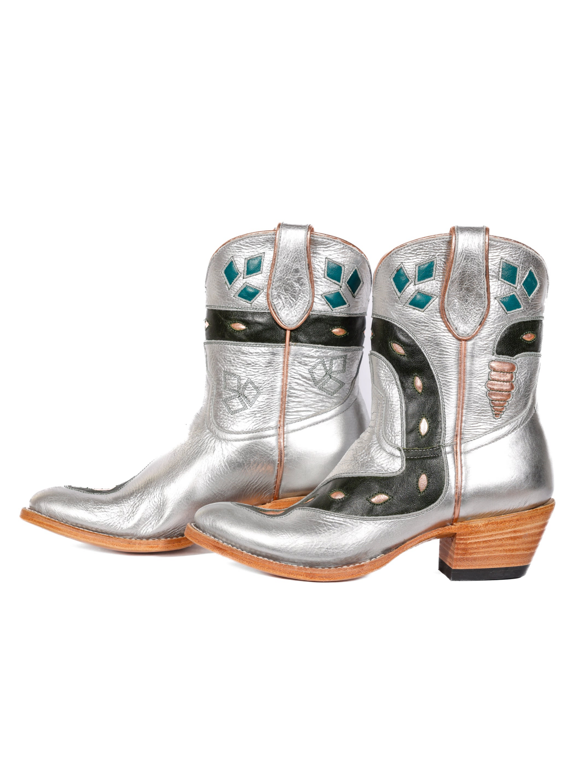 Metallic Silver Almond-Toe Snake Inlay Wide Mid Calf Cowgirl Boots