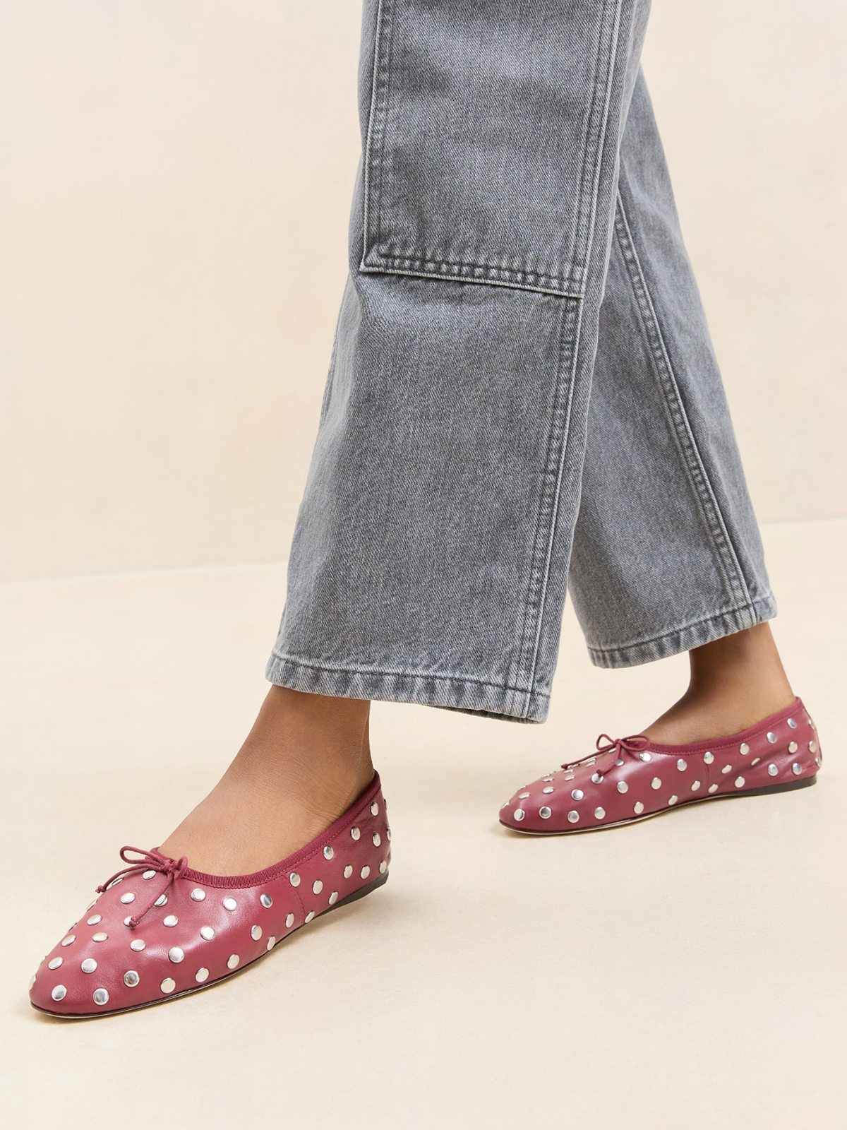 Wine Red Almond-Toe Bow Ballet Flats With Silver Studs