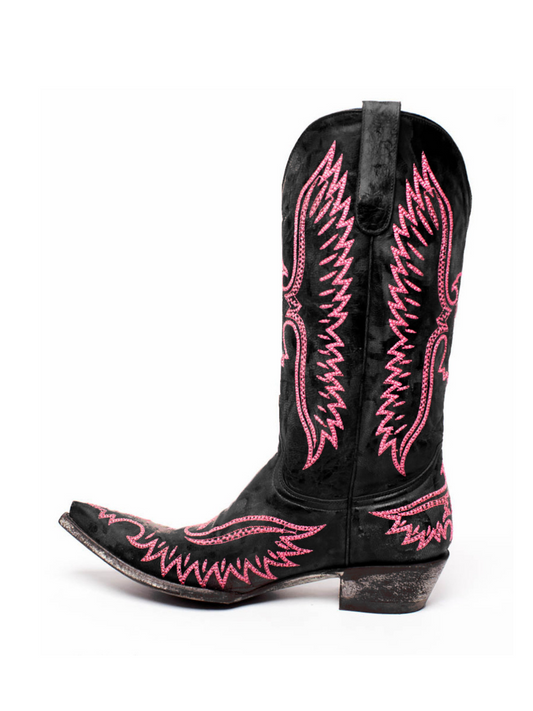 Distressed Black Snip-Toe White Eagle Embroidery Wide Mid Calf Cowgirl Boots