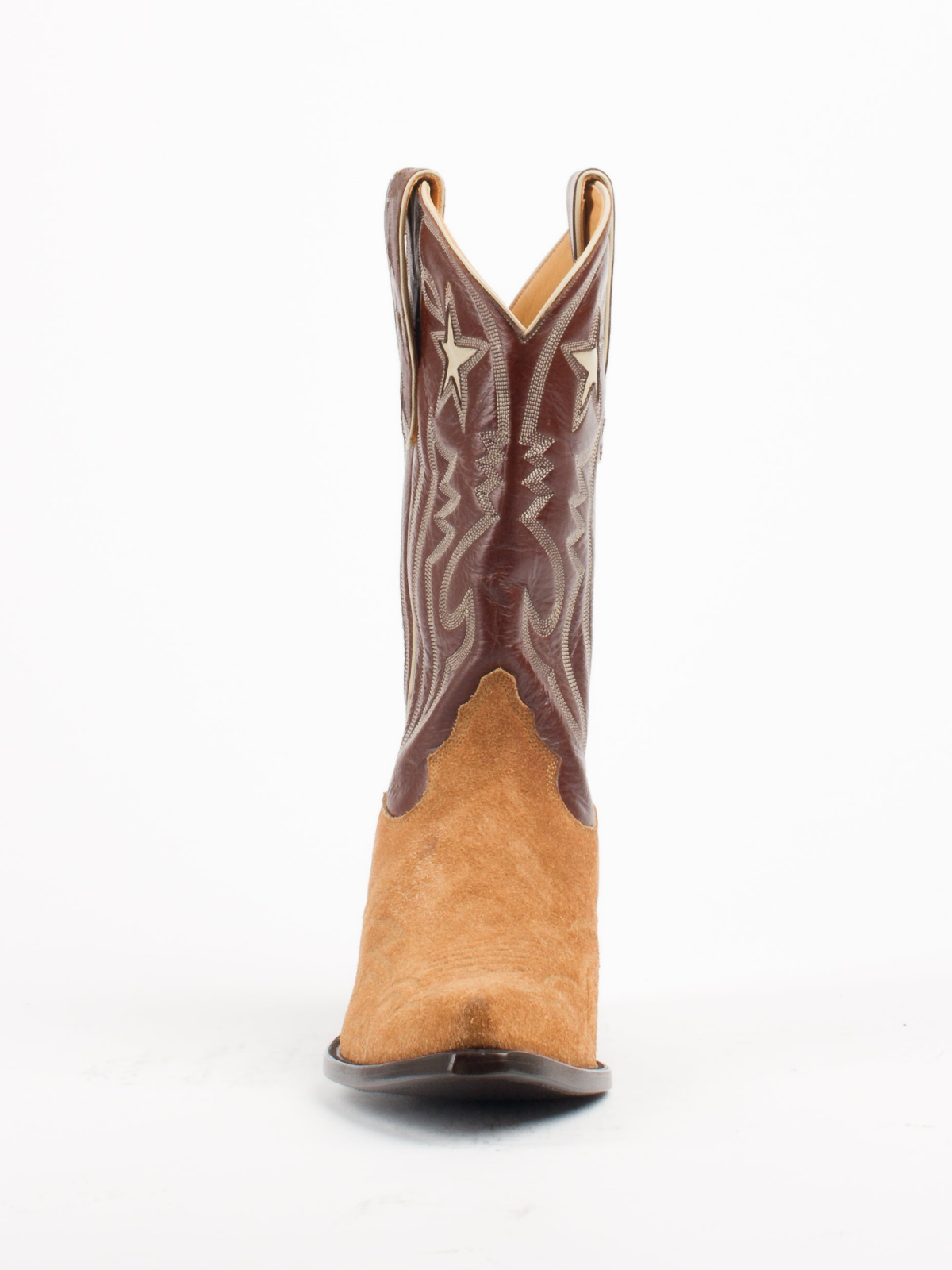 Contrast Chocolate And Tan Faux Suede Snip-Toe Embroidery Star Inlay Wide Mid Calf Cowgirl Boots