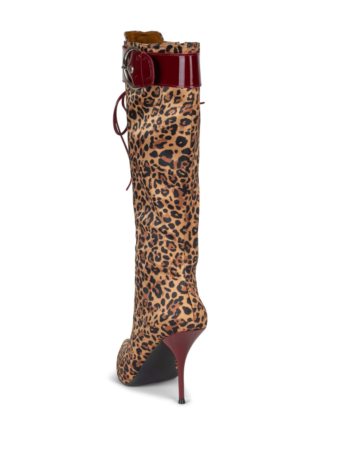 Leopard Fabric Pointed-Toe Patent Lace-Up Full-Zip Mid Calf Stiletto Boots