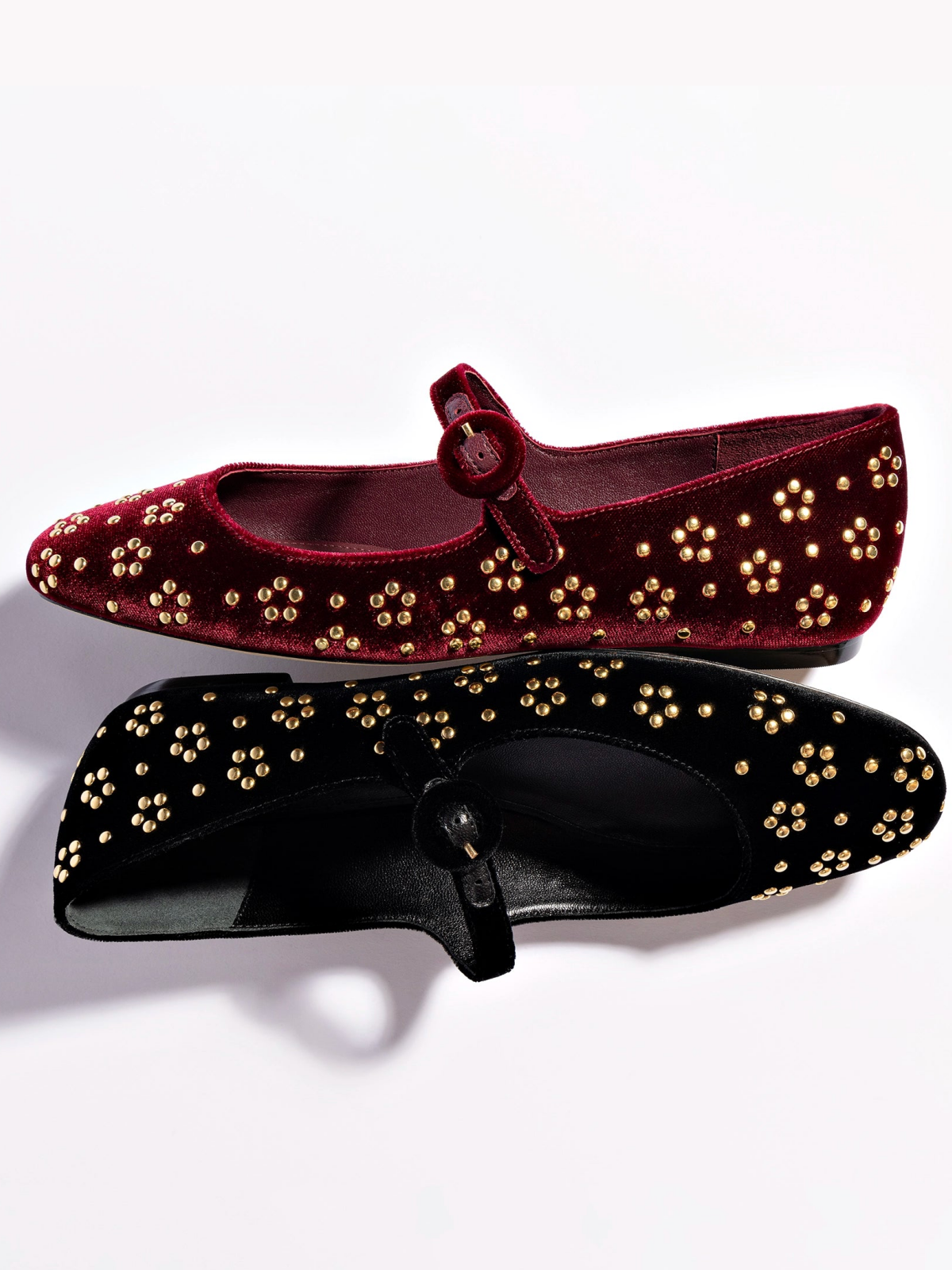 Wine Red Velvet Round-Toe Bridge Starp Ballet Flats With Gold Studs