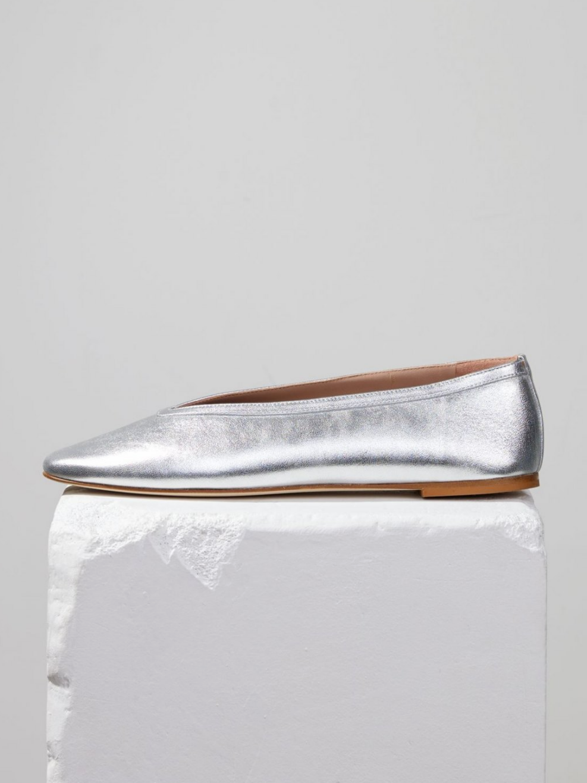 Metallic Silver Square Toe Slip-On Ballet Flats