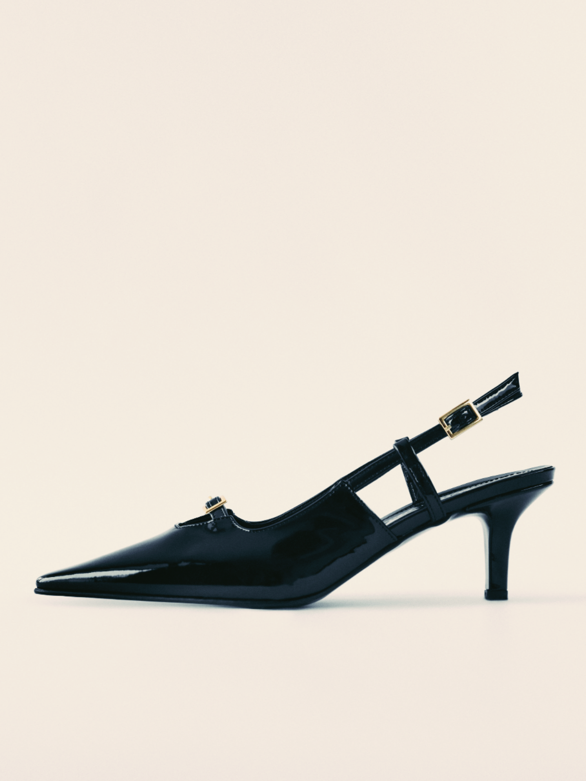 Black Patent Buckled Strap Hollow-Out Kitten Heels Slingback Pumps