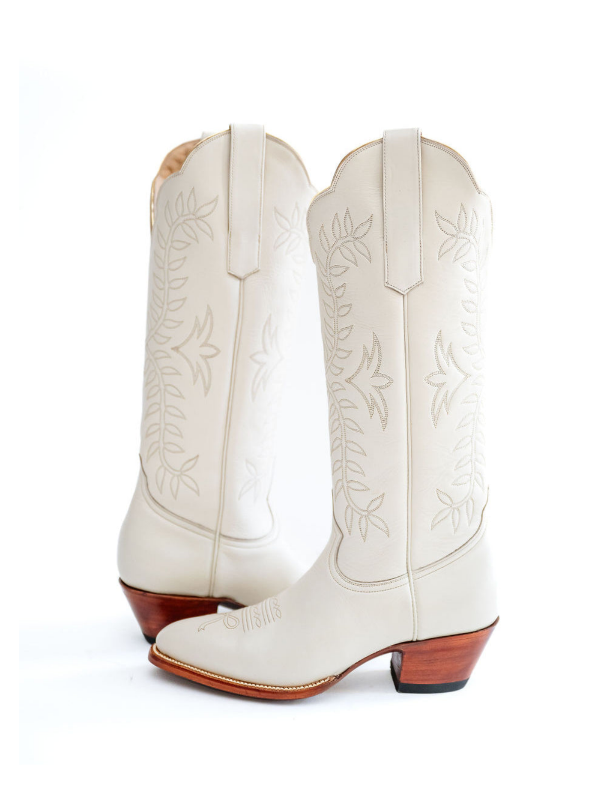 Leaves Embroidery Almond-Toe Wide Mid Calf Cowgirl Boots - Ivory