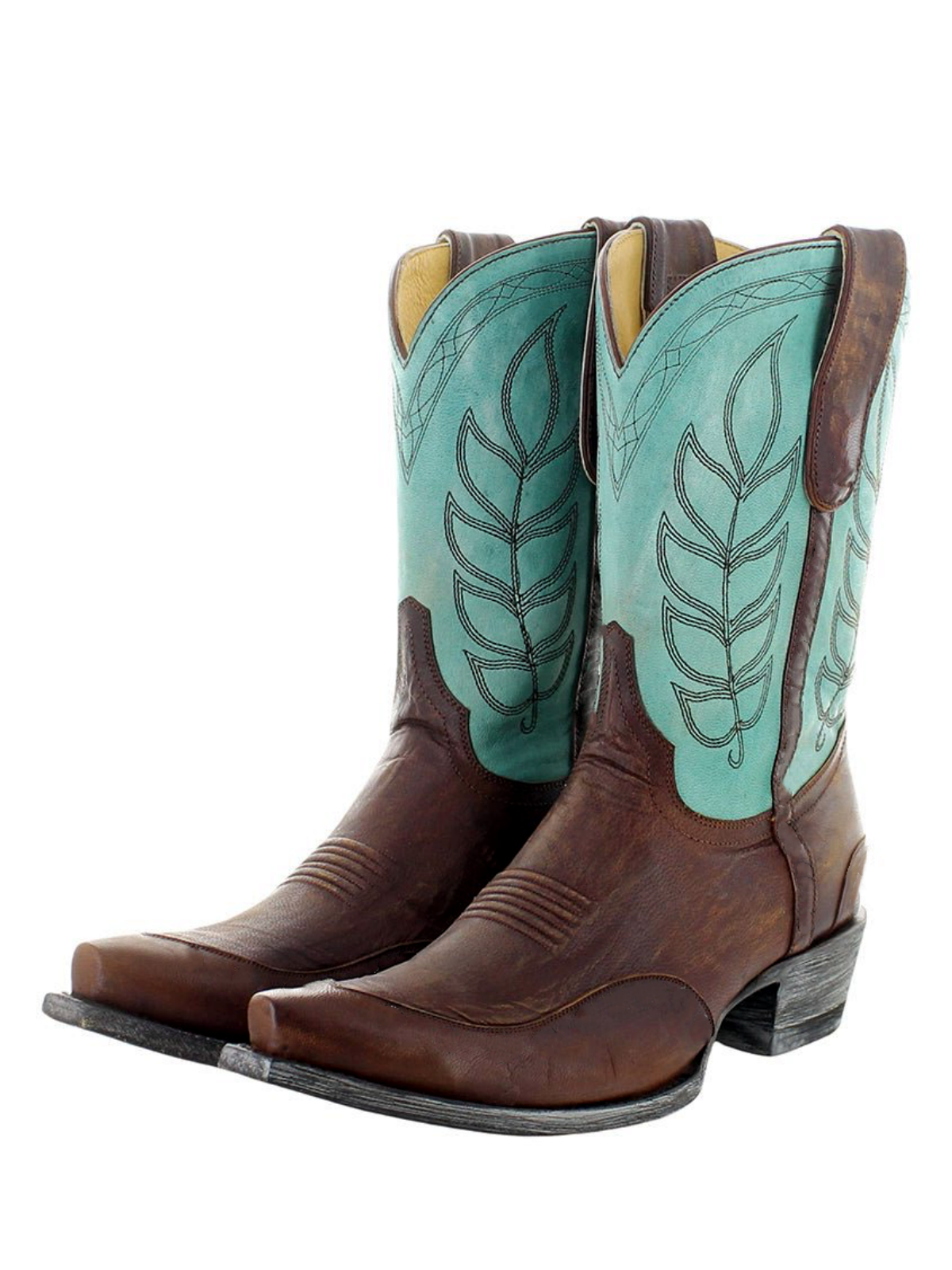 Contrast Brass And Aqua Snip-Toe Leaves Embroidery Wide Mid Calf Cowgirl Boots