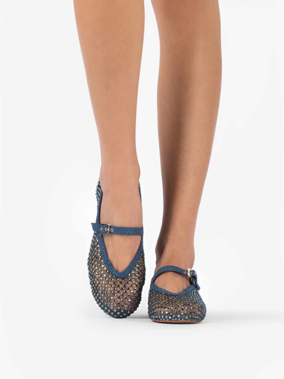 Denim Blue Rhinestone Fishnet Round-Toe Ballet Flats Mary Janes