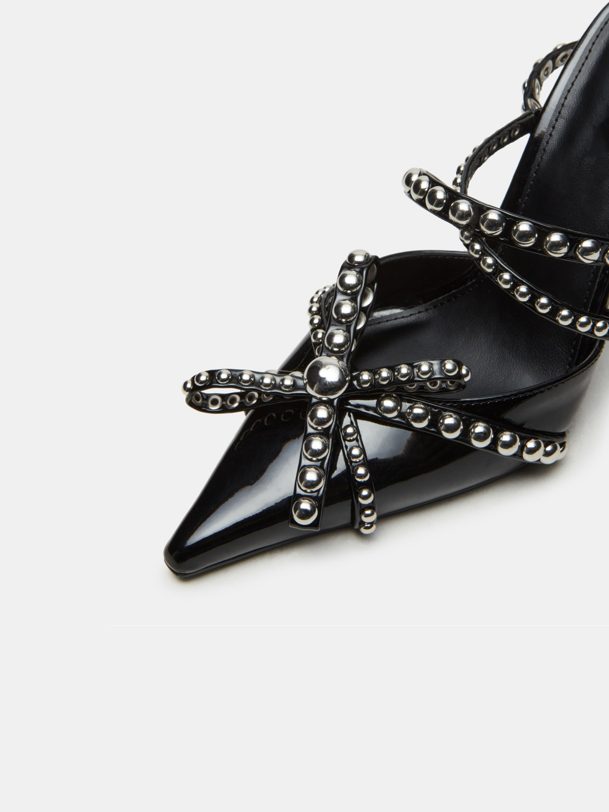 Black Patent Pointed-Toe Studded Cross Strap And Ankle Strap Pump High Heels