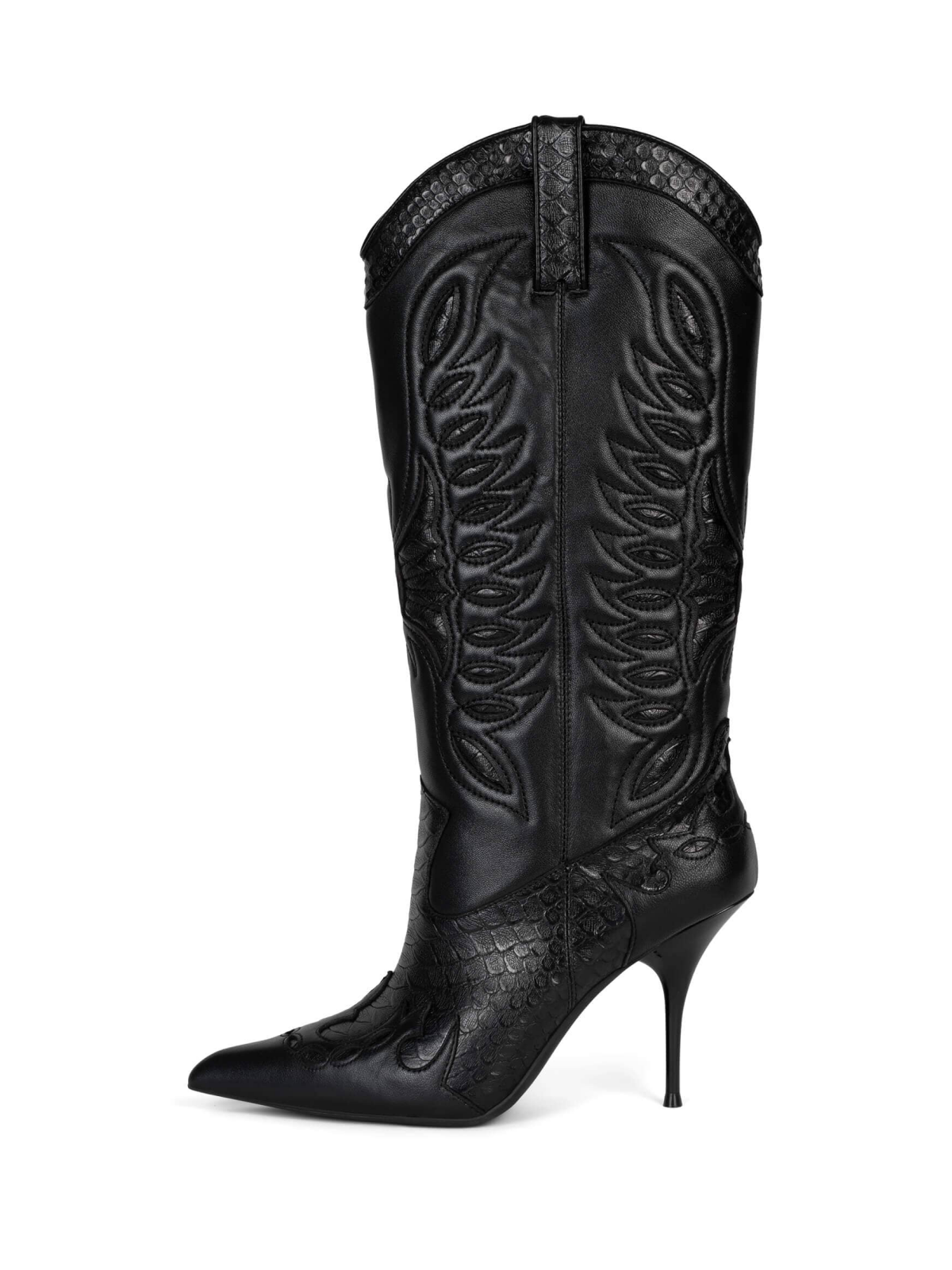 Black Contrast Snakeskin Vegan Leather And Vegan Leather Padded Butterfly Inlay Stiletto Boots