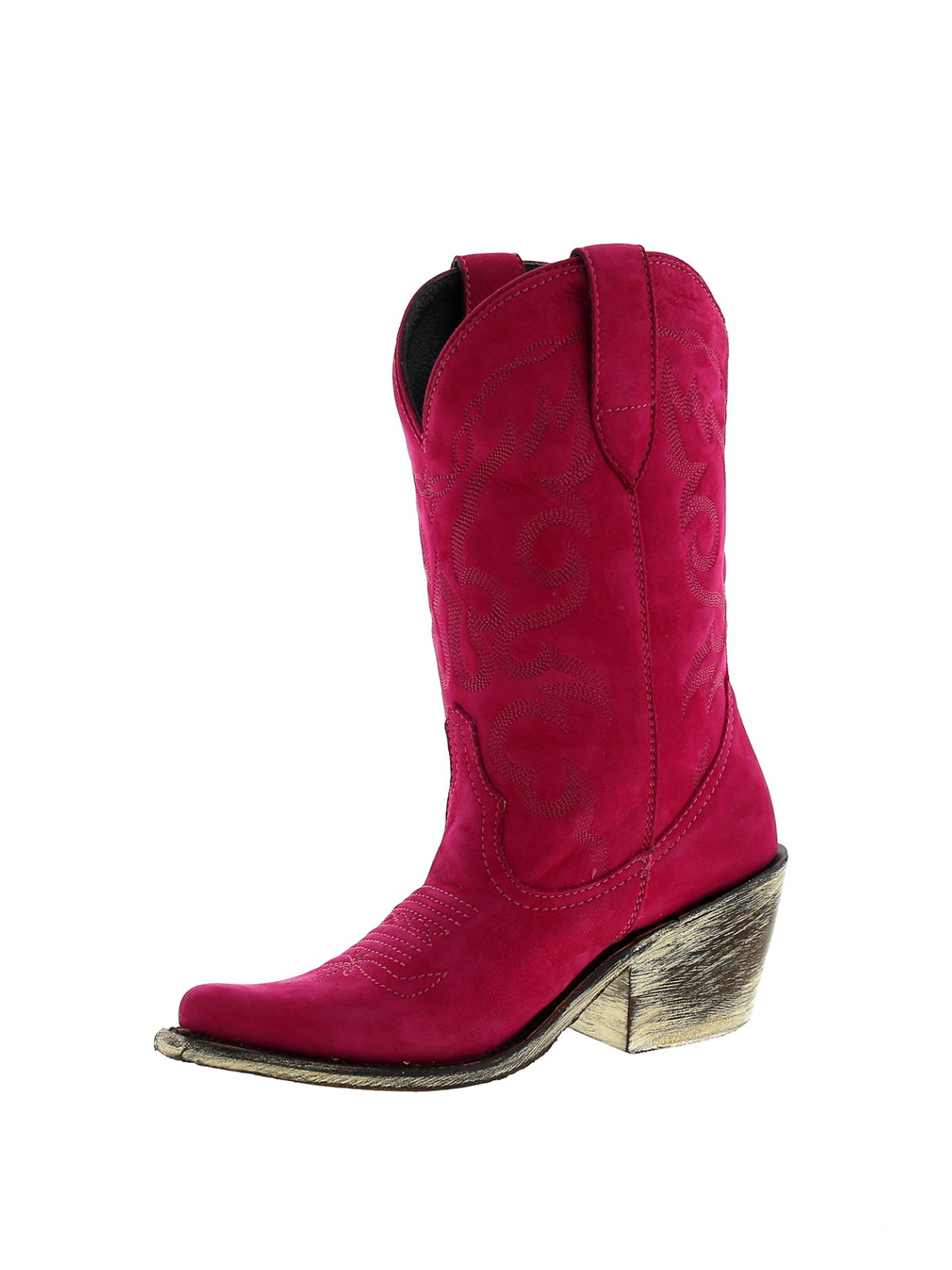 Embroidery Almond-Toe Wide Mid Calf Cowgirl Boots - Hot Pink Faux Suede