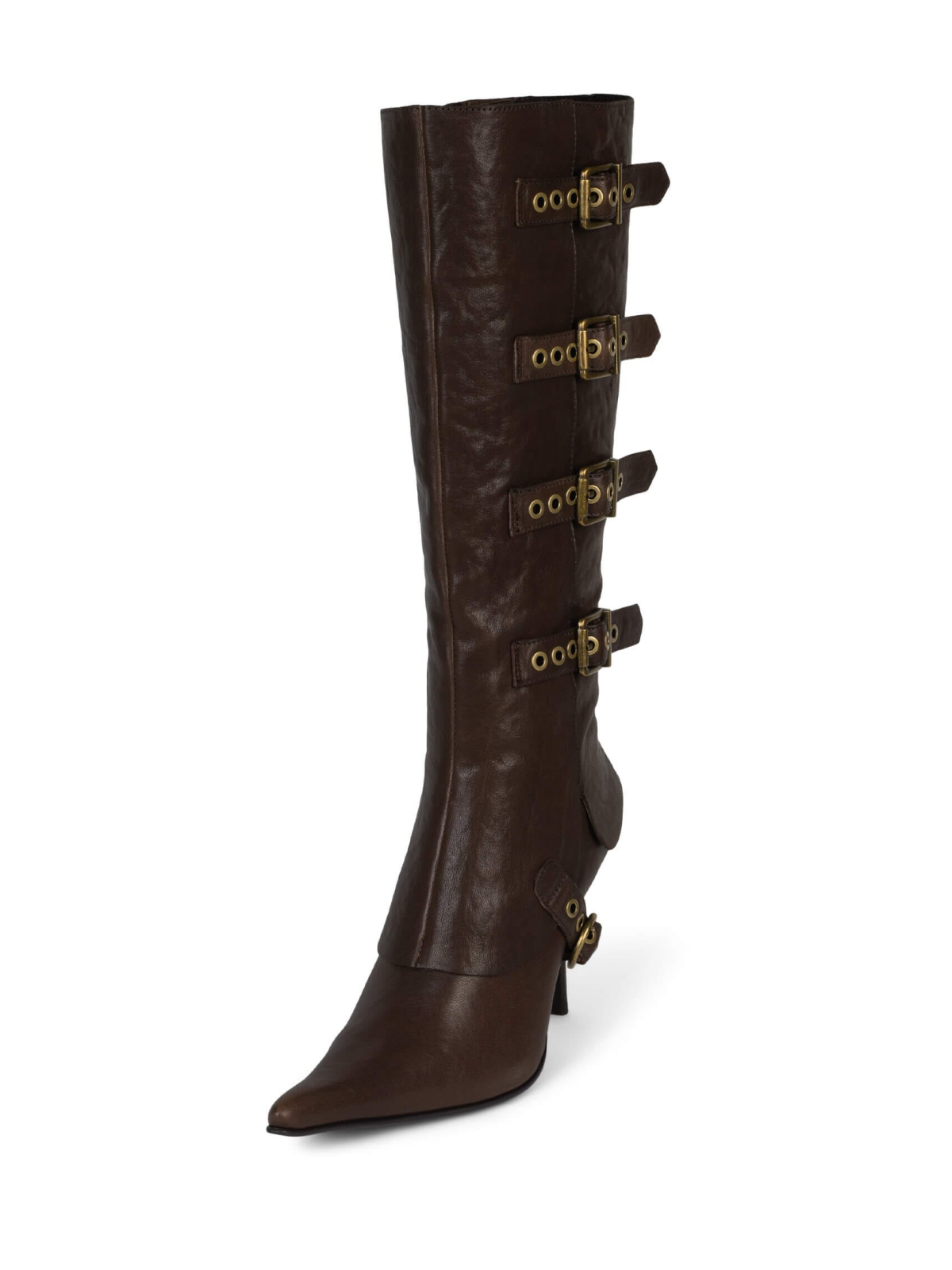 Brown Pointed-Toe Full-Zip Mid Calf Stiletto Boots With Buckles