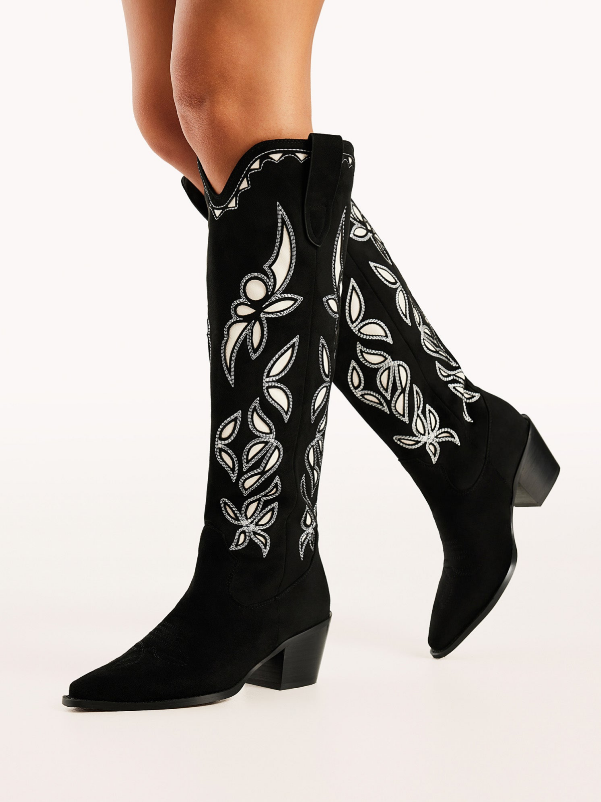 Black Faux Suede Snip-Toe Embroidery And Inlay Wide Calf Tall Knee High Cowgirl Boots