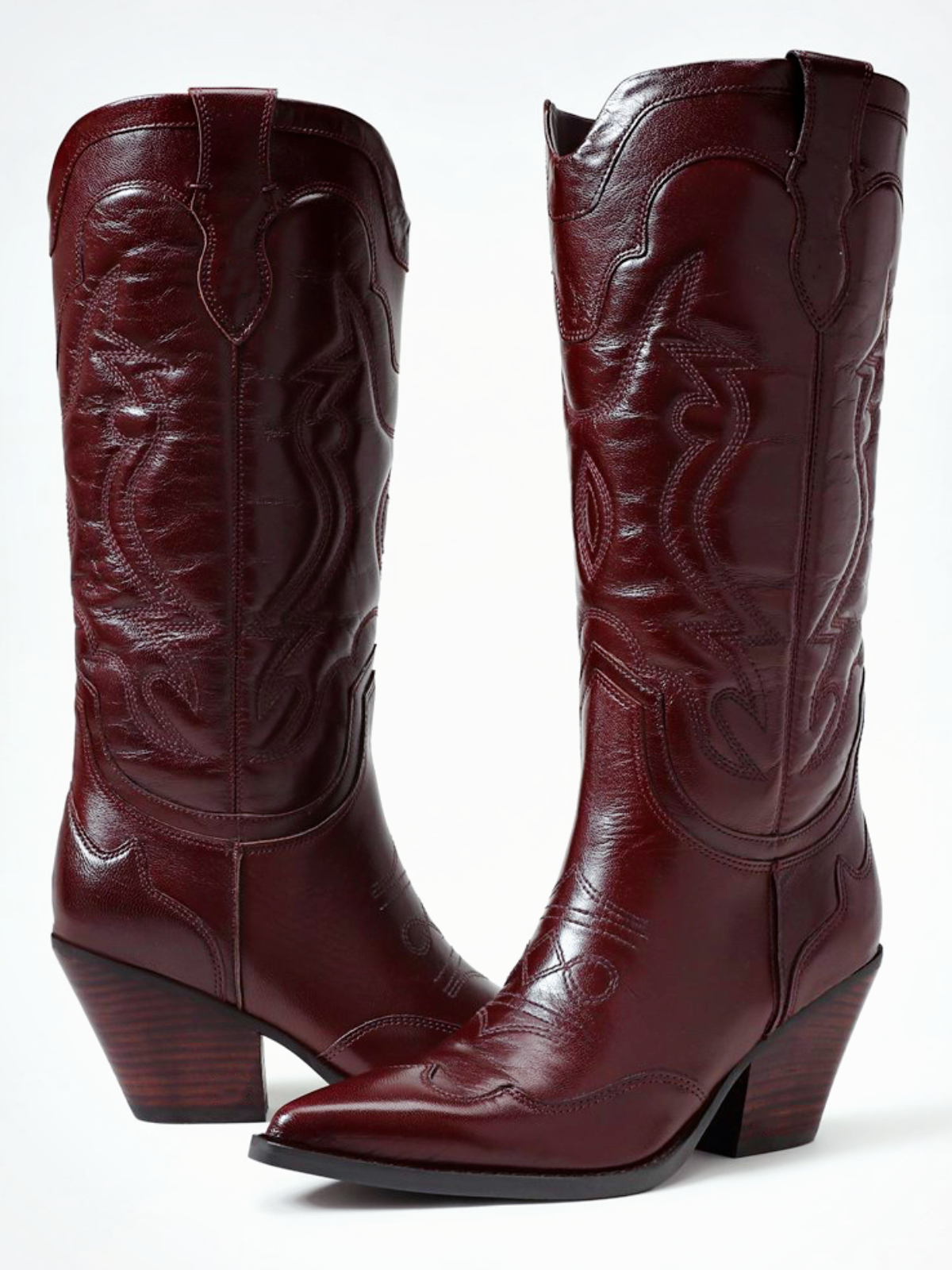 Wine Red Pointed-Toe Classic Embroidery Wide Mid Calf Cowgirl Boots