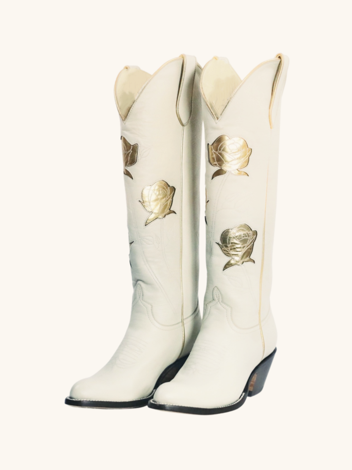 Cream Almond-Toe Cowgirl Wide Calf Boots Western Boots With Gold Rose Inlay