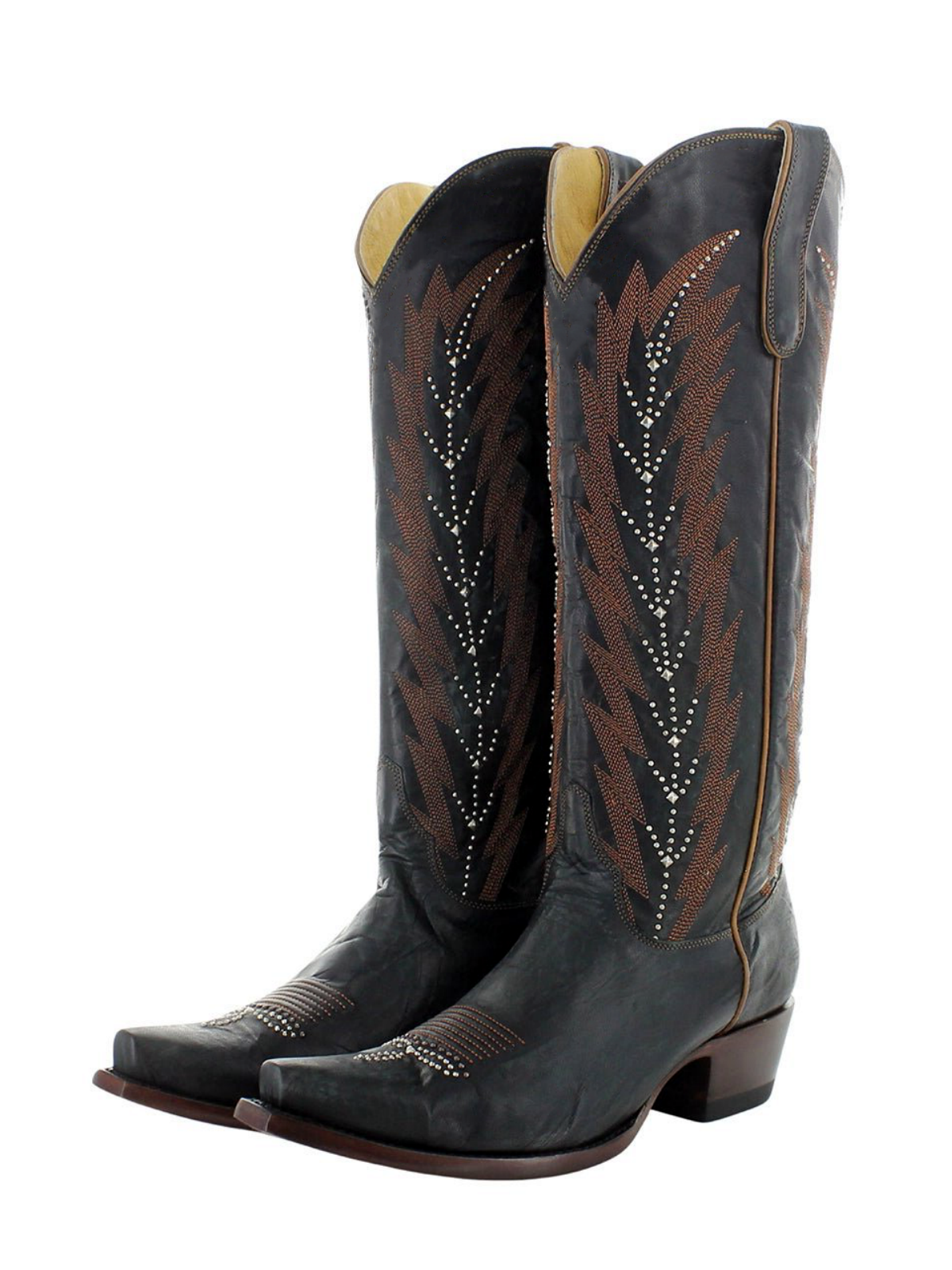 Black Snip-Toe Leaf Embroidery Studded Wide Mid Calf Cowgirl Boots