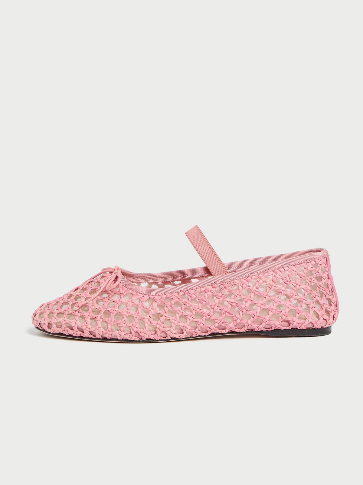 Pink Almond-Toe Straw-Woven Elastic Bridge Strap Bow Mesh Ballet Flats