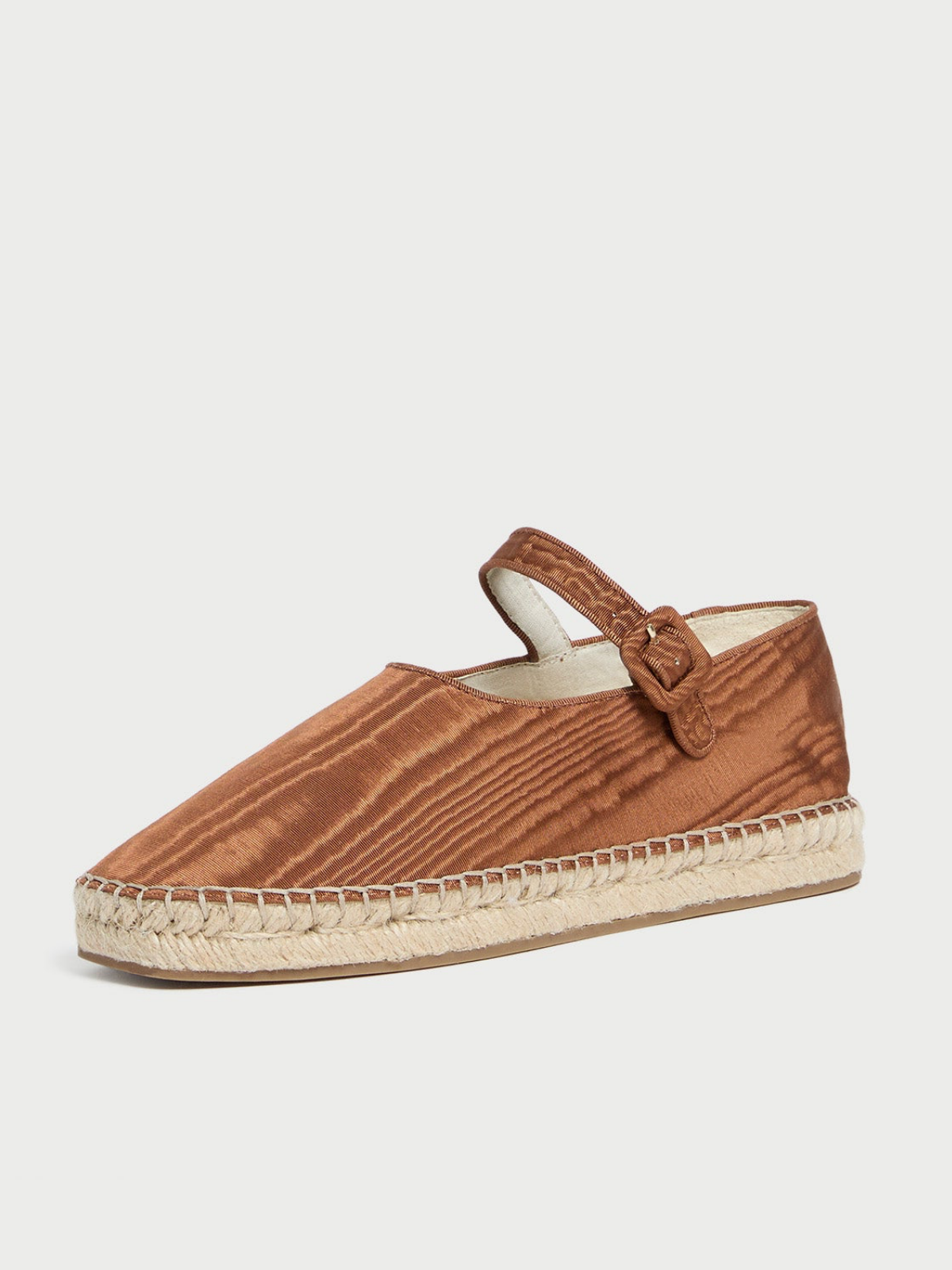 Brown Cloth Almond-Toe Adjustable Bridge Strap Espadrille Mary Janes Flats