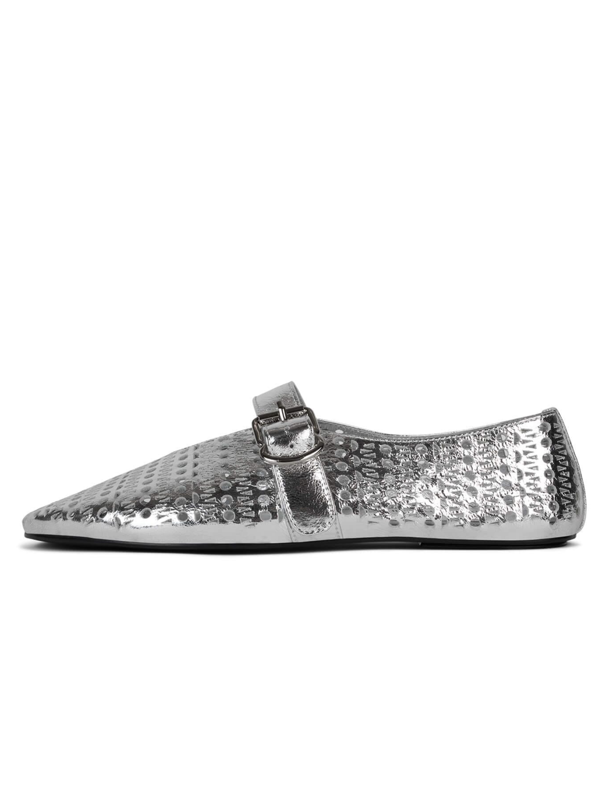 Metallic Silver Perforated Flats Cutout Mary Janes With Buckled Strap