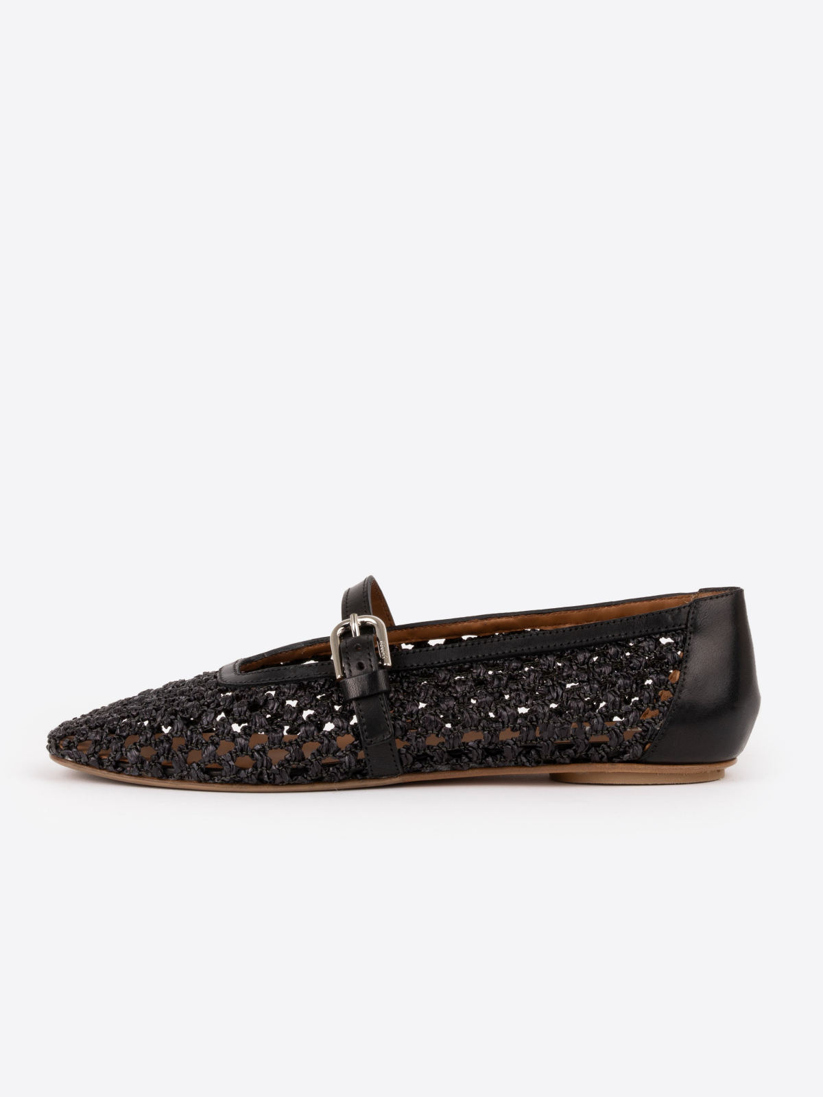 Black Raffia Woven Square Toe Ballet Flats Mary Janes With Buckled Strap