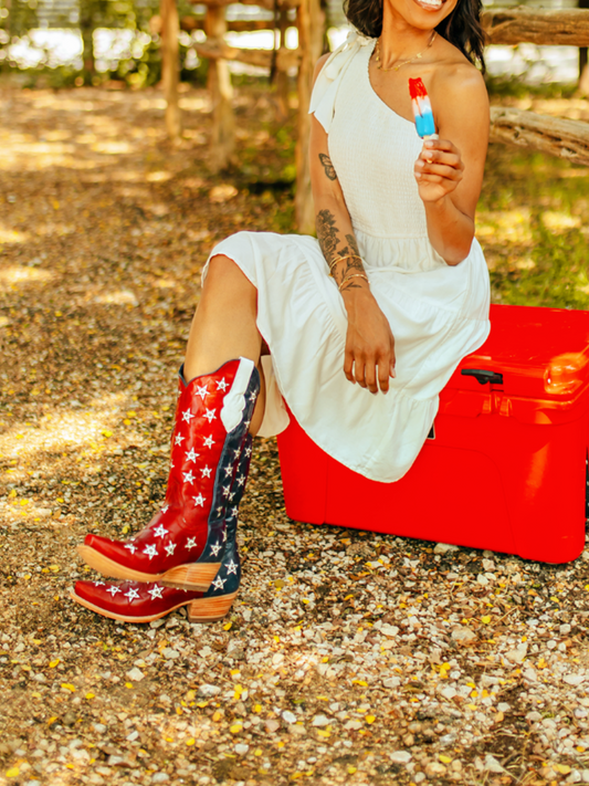 Contrast Red And Blue Studded Snip-Toe Wide Mid Calf Western Boots Cowgirl Tall Boots With Star Inlay