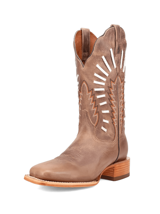 Tan Square-Toe Embroidery And Running Stitch Wide Mid Calf Cowgirl Boots